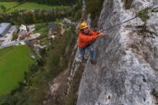 Via ferrata Grančišče climbing one hundred meters above the ground.