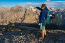 Pointing at mount Triglav from Historical route